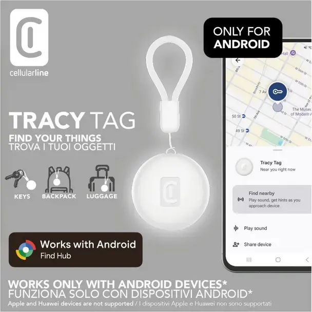 Bluetooth-трекер Cellularline Tracy Tag для Android, сеть Google Find My Device, защита IP67, сменная батарея CR2032, Цвет: белый