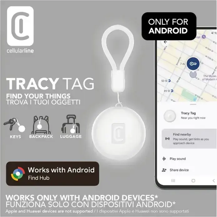 Bluetooth-трекер Cellularline Tracy Tag для Android, сеть Google Find My Device, защита IP67, сменная батарея CR2032, Цвет: белый