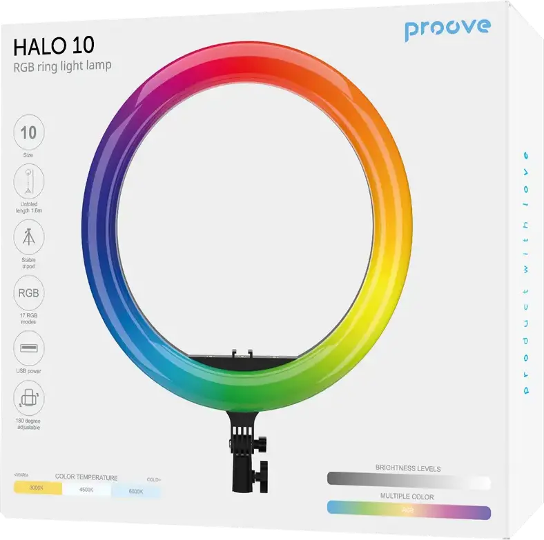 Proove Halo 10 RGB Ring Light Lamp, 10 inch 168 LEDs, 3000K-6000K Adjustable Color Temperature, 17 RGB Modes, 1.6m Tripod, USB Powered with Phone Holder