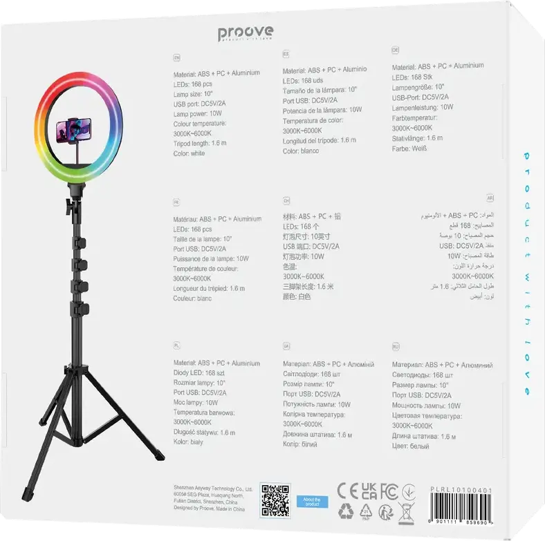 Proove Halo 10 RGB Ring Light Lamp, 10 inch 168 LEDs, 3000K-6000K Adjustable Color Temperature, 17 RGB Modes, 1.6m Tripod, USB Powered with Phone Holder