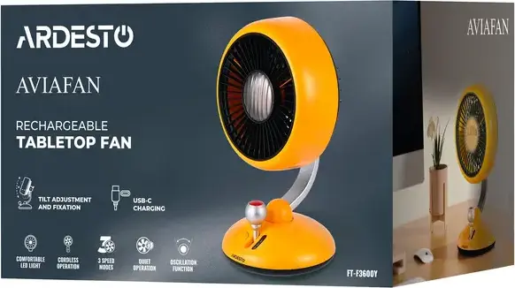 Ardesto AviaFan FT-F3600Y Rechargeable Tabletop Fan, 3600mAh Li-ion Battery, 3 Speeds, LED Light, Oscillating Quiet Desktop Fan, Yellow, USB-C Charging