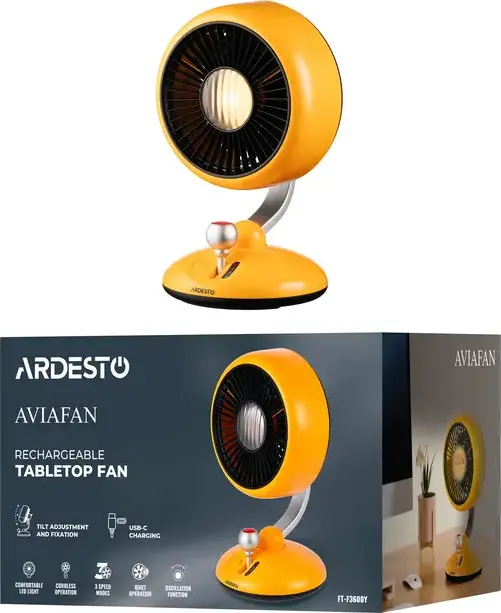 Ardesto AviaFan FT-F3600Y Rechargeable Tabletop Fan, 3600mAh Li-ion Battery, 3 Speeds, LED Light, Oscillating Quiet Desktop Fan, Yellow, USB-C Charging