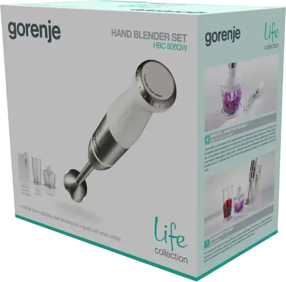 Gorenje HBC806QW Life Collection Hand Blender, 800W Immersion Blender with Stainless Steel Foot, Chopper, Whisk, 0.5L Bowl, White