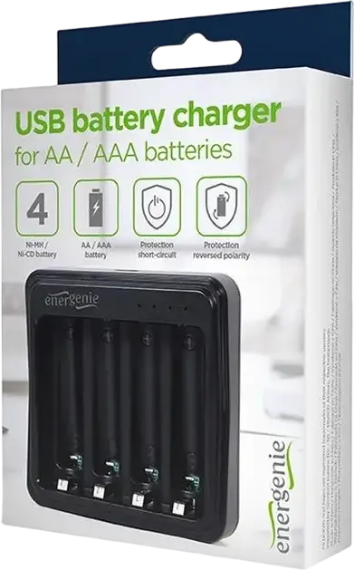 Energenie BC-USB-03 USB Battery Charger for AA AAA Ni-MH Ni-CD, 4 Slots, Micro-USB Input 5V/2A, LED Status Indicators, Short-circuit Protection, Black
