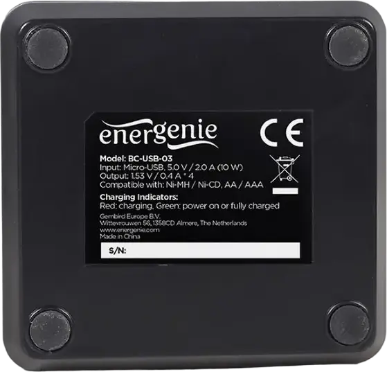 Energenie BC-USB-03 USB Battery Charger for AA AAA Ni-MH Ni-CD, 4 Slots, Micro-USB Input 5V/2A, LED Status Indicators, Short-circuit Protection, Black