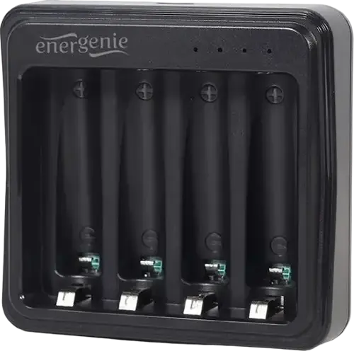 Energenie BC-USB-03 USB Battery Charger for AA AAA Ni-MH Ni-CD, 4 Slots, Micro-USB Input 5V/2A, LED Status Indicators, Short-circuit Protection, Black