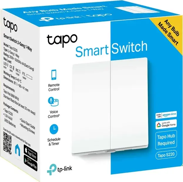 TP-Link Tapo S220 Smart Light Switch, 2-Gang 1-Way, No Neutral Required, Remote & Voice Control via App, Works with Tapo Hub H100, White