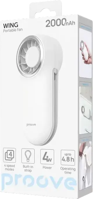 Ventilator Portabil Proove Wing, Baterie Li-ion 2000mAh, 4W, Încărcare USB Type-C, 4-5 Trepte de Viteză, Plastic ABS, Indicatori LED, Alb, 12.7cm