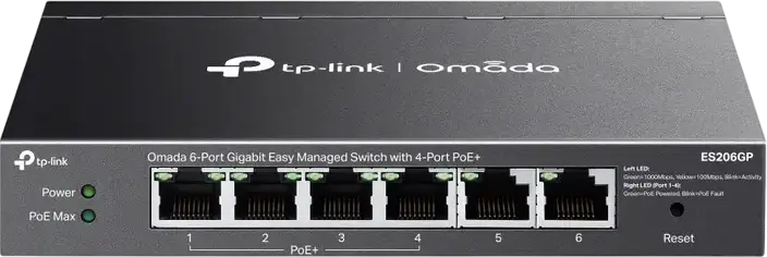 Switch TP-Link Omada ES206GP Easy Managed, 6 Porturi Gigabit, 4 Porturi PoE+ 65W, Long Range 250m, Management Cloud, Carcasă Metalică, Fără Ventilator