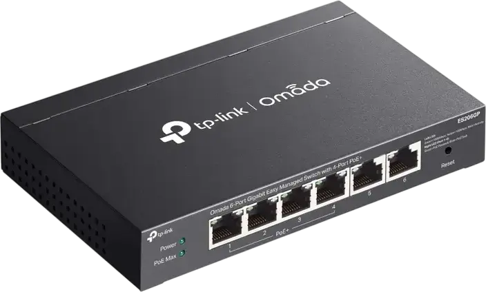 Switch TP-Link Omada ES206GP Easy Managed, 6 Porturi Gigabit, 4 Porturi PoE+ 65W, Long Range 250m, Management Cloud, Carcasă Metalică, Fără Ventilator
