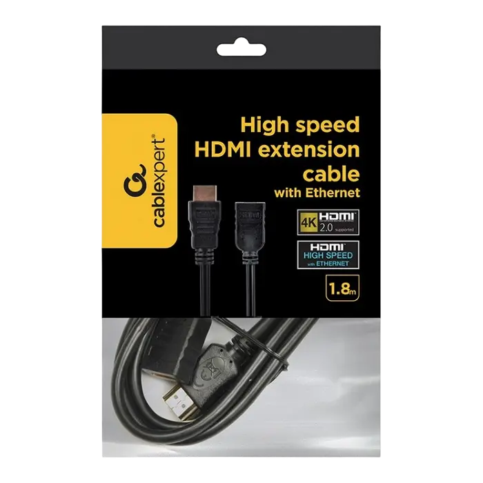 Кабель-удлинитель HDMI 2.0 Cablexpert CC-HDMI4X-6 High-Speed с Ethernet, 4K@60Hz, 18Гбит/с, позолоченные разъемы Type-A папа-мама, 1.8м, черный