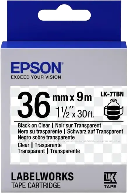 Caseta de bandă etichetă Epson LC7TBN9, 36mm x 9m, Text Negru pe Bandă Transparentă, Rezistentă la Apă și Căldură pentru LabelWorks LW-900P LW-900