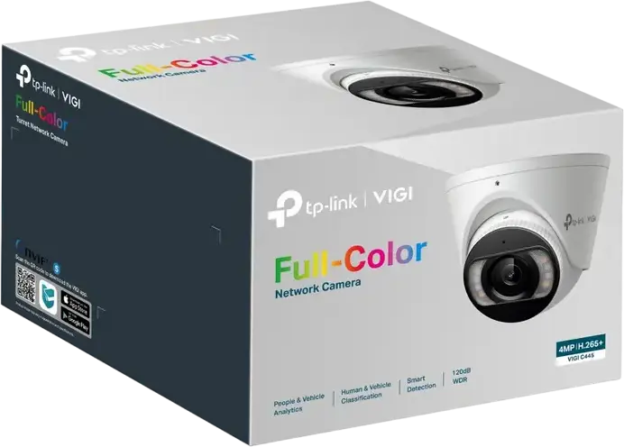 TP-Link VIGI C445 4MP Turret Network Camera, 2.8 mm Focal Length, IP67 Waterproof Metal Housing, Full-Color Night Vision 30m, True WDR 120dB, Two-Way Audio, PoE, AI Detection