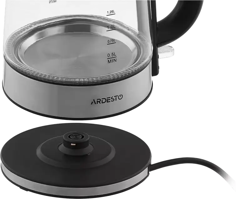 Ardesto EKL-F200 Electric Kettle 1.7L, 2150W, Tempered Glass and Stainless Steel, Strix Controller, Blue LED Backlight, 360 Degree Base, Silver/Black