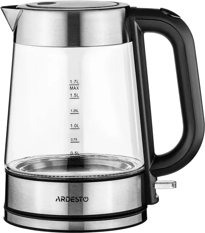 Ardesto EKL-F200 Electric Kettle 1.7L, 2150W, Tempered Glass and Stainless Steel, Strix Controller, Blue LED Backlight, 360 Degree Base, Silver/Black