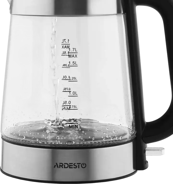 Ardesto EKL-F200 Electric Kettle 1.7L, 2150W, Tempered Glass and Stainless Steel, Strix Controller, Blue LED Backlight, 360 Degree Base, Silver/Black