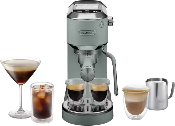 DeLonghi Dedica Duo EC890 Manual Espresso Machine, 1450W, 15 Bar, 1.1L Tank, Cold Extraction Technology, LED Display, Verde, Set of 8 Pieces