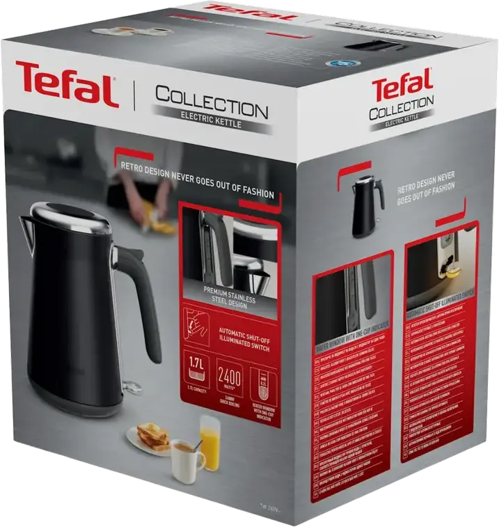 Tefal KI6668E0 Electric Kettle, 1.7L Capacity, 2400W, Stainless Steel, Black, with Anti-Limescale Filter and Boil-Dry Protection
