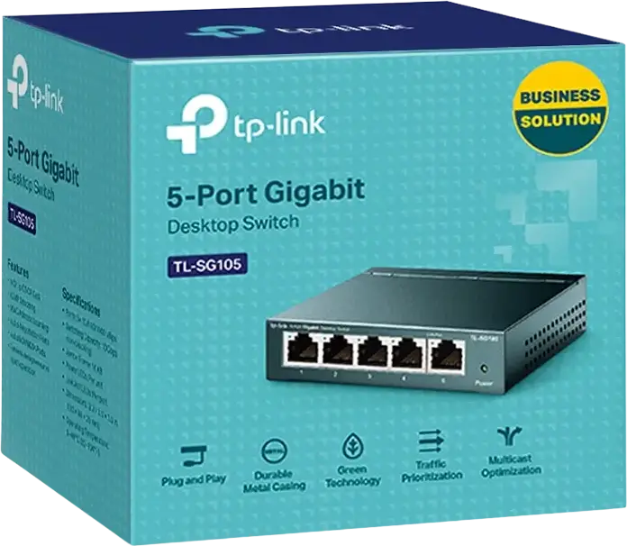 TP-Link TL-SG105 5-Port Gigabit Unmanaged Desktop Switch, 10/100/1000 Mbps, Metal Casing, Plug and Play, QoS, IGMP Snooping, Wall-mount, Grey