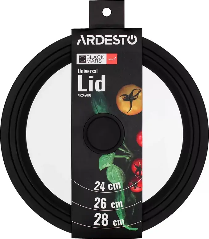Ardesto Black Mars Smart AR2428UL Universal Lid, Heat-Resistant Glass with Silicone Handle, Steam Vent, Compatible with 24cm, 26cm, 28cm Pots