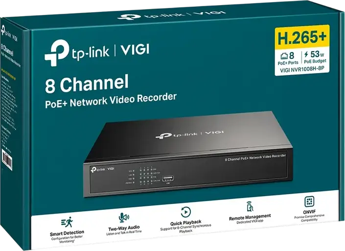 TP-Link VIGI NVR1008H-8P 8-Channel PoE+ Network Video Recorder, 8MP Resolution, H.265+ Compression, 8 PoE+ Ports, 16TB SATA HDD Support, VIGI App