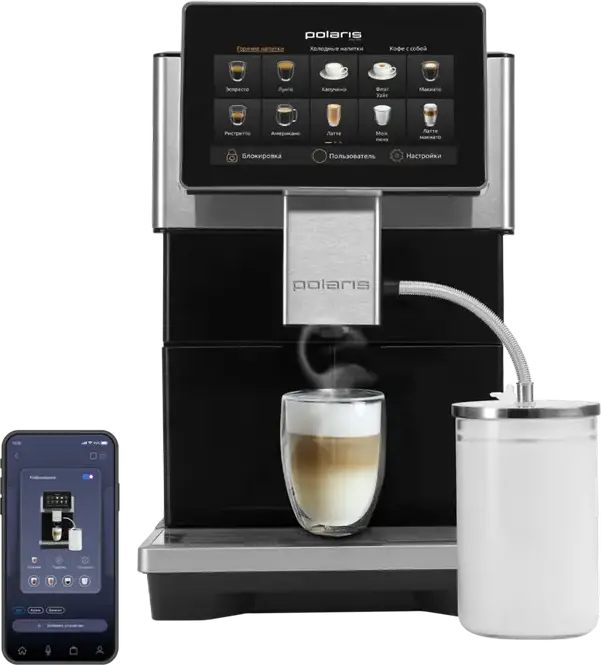 Polaris PACM 2081AC Automatic Espresso Machine, 20 Bar, 1450W, Ceramic Grinder, 1.5L Tank, Wi-Fi IQ Home App Control, Touch Display, Black