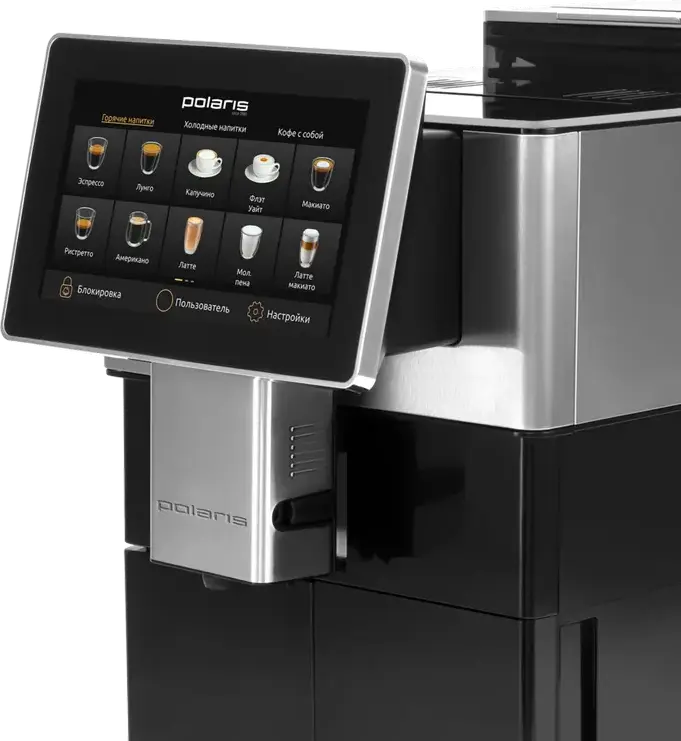 Polaris PACM 2081AC Automatic Espresso Machine, 20 Bar, 1450W, Ceramic Grinder, 1.5L Tank, Wi-Fi IQ Home App Control, Touch Display, Black
