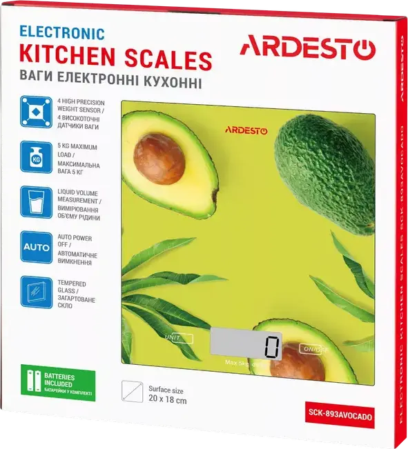 Ardesto SCK-893 Electronic Kitchen Scale, Tempered Glass Platform, 5kg Max Capacity, 1g Precision, LED Display, Tare Function, g/kg/lb/oz