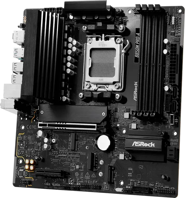 Материнская плата ASRock B850M Pro-A Micro-ATX, сокет AMD AM5, чипсет B850, DDR5 8000+ МГц, PCIe 5.0, 3x M.2 (Gen5 x4), 2.5G LAN, Ryzen 7000/8000/9000
