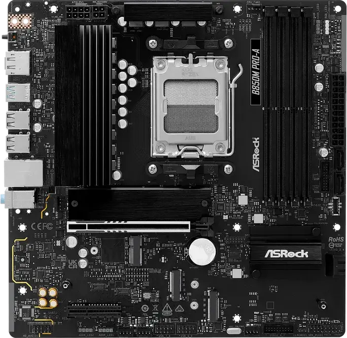 Материнская плата ASRock B850M Pro-A Micro-ATX, сокет AMD AM5, чипсет B850, DDR5 8000+ МГц, PCIe 5.0, 3x M.2 (Gen5 x4), 2.5G LAN, Ryzen 7000/8000/9000