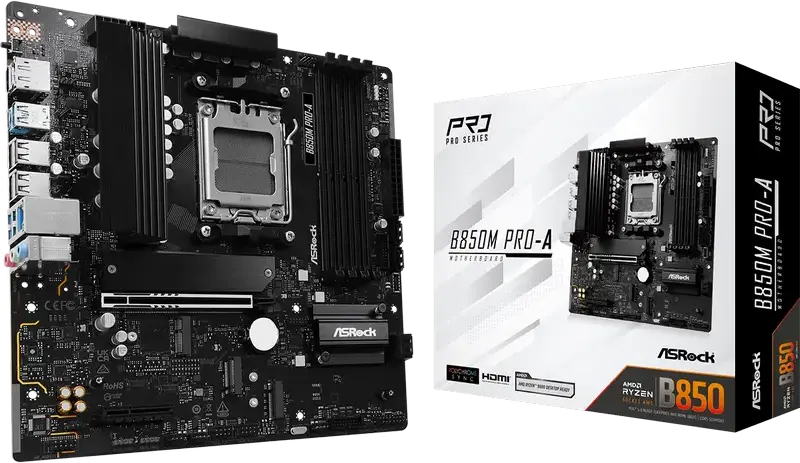 Материнская плата ASRock B850M Pro-A Micro-ATX, сокет AMD AM5, чипсет B850, DDR5 8000+ МГц, PCIe 5.0, 3x M.2 (Gen5 x4), 2.5G LAN, Ryzen 7000/8000/9000
