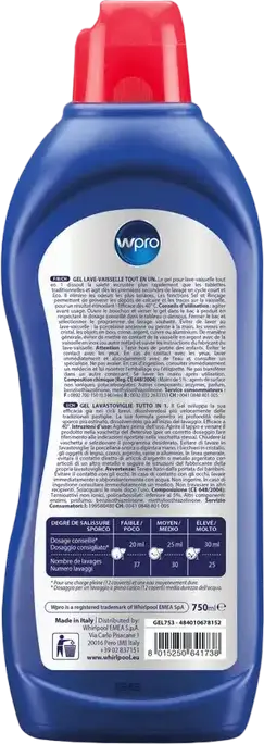Гель для посудомоечных машин Wpro All-in-One 484010678152 с ароматом лимона, солью и ополаскивателем, эффективен при низких температурах, 750 мл
