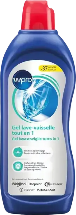 Гель для посудомоечных машин Wpro All-in-One 484010678152 с ароматом лимона, солью и ополаскивателем, эффективен при низких температурах, 750 мл