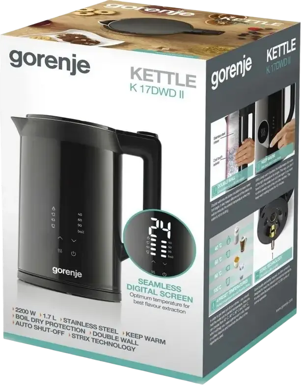 Gorenje K17DWDII Electric Kettle, 1.7L, 2200W, Stainless Steel & Plastic, Digital LED Display with Temperature Presets, Keep Warm, Double Wall, Black
