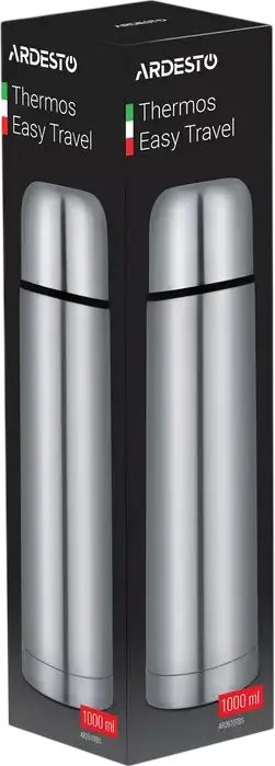 Ardesto AR2610TBS Easy Travel Vacuum Flask Thermos, 1000ml, Stainless Steel, Silver, 12h Heat and 24h Cold Retention, Cup-Lid
