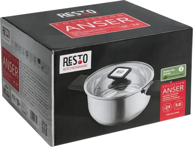 RESTO Anser 92205 Stainless Steel Casserole Pot, 5.8L, 24cm Diameter, Glass Lid, Volume Markings, Induction Compatible, Grey