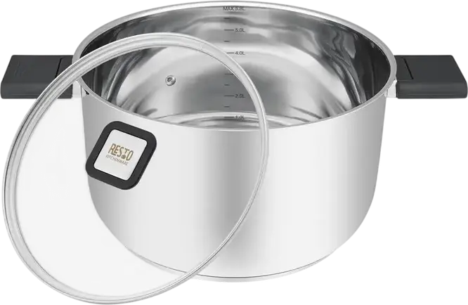 RESTO Anser 92205 Stainless Steel Casserole Pot, 5.8L, 24cm Diameter, Glass Lid, Volume Markings, Induction Compatible, Grey