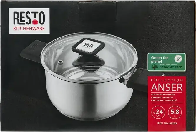 RESTO Anser 92205 Stainless Steel Casserole Pot, 5.8L, 24cm Diameter, Glass Lid, Volume Markings, Induction Compatible, Grey