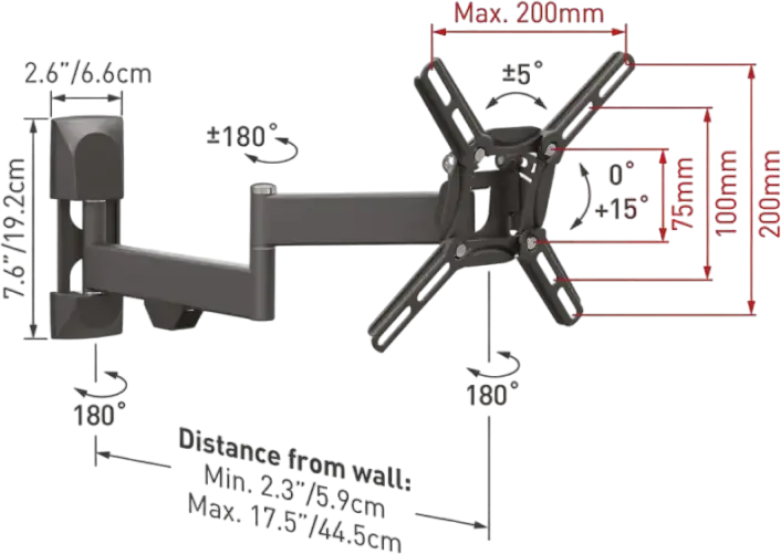 Barkan 2400 Full Motion TV Wall Mount for 13-43 inch Screens, VESA up to 200x200mm, Max Load 25kg, Tilt -15°, Metal Black Bracket with Lifetime Warranty