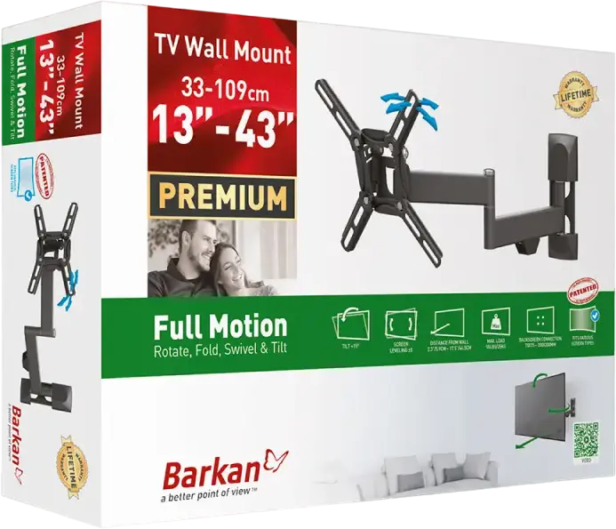 Barkan 2400 Full Motion TV Wall Mount for 13-43 inch Screens, VESA up to 200x200mm, Max Load 25kg, Tilt -15°, Metal Black Bracket with Lifetime Warranty