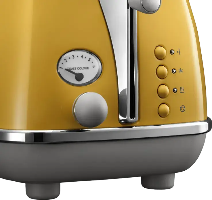 Prăjitor de pâine DeLonghi CTOC 2103 Y Icona Capitals, 2 fante, 900W, Corp din Metal, 6 nivele de prăjire, Funcții Defrost și Reheat, Galben