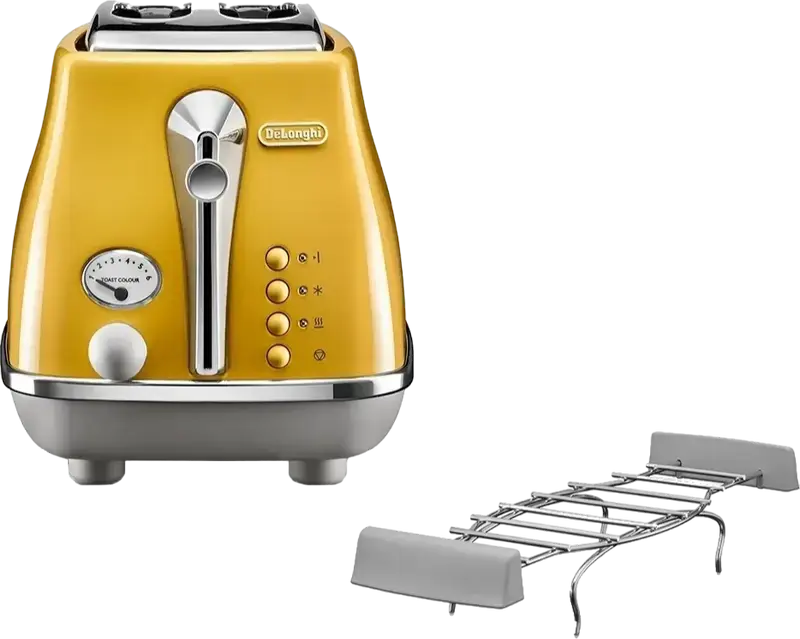 Prăjitor de pâine DeLonghi CTOC 2103 Y Icona Capitals, 2 fante, 900W, Corp din Metal, 6 nivele de prăjire, Funcții Defrost și Reheat, Galben