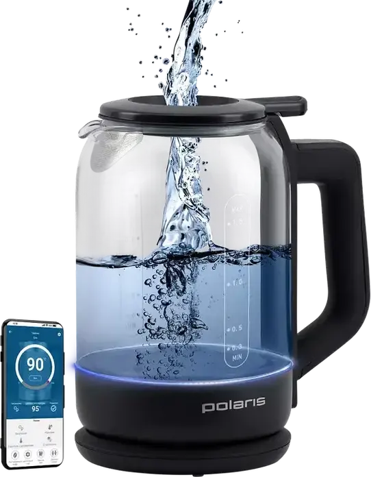 Polaris PWK1712CGLD Wi-Fi Smart Electric Glass Kettle, 1.5L, 2150W, IQ Home App Control, 5 Temperature Presets, Keep Warm, Dry Boil Protection, Black
