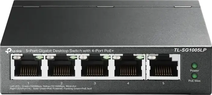 TP-Link TL-SG1005LP Unmanaged PoE+ Switch, 5 Port Gigabit 10/100/1000 Mbps, 4 PoE+ Ports 802.3af/at, 40W Budget, Extend Mode 250m, Metal Casing, Black