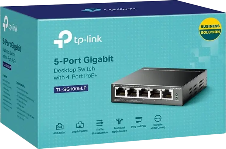 TP-Link TL-SG1005LP Unmanaged PoE+ Switch, 5 Port Gigabit 10/100/1000 Mbps, 4 PoE+ Ports 802.3af/at, 40W Budget, Extend Mode 250m, Metal Casing, Black