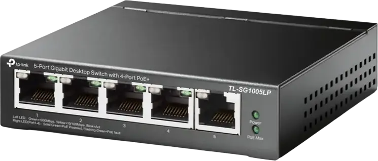 TP-Link TL-SG1005LP Unmanaged PoE+ Switch, 5 Port Gigabit 10/100/1000 Mbps, 4 PoE+ Ports 802.3af/at, 40W Budget, Extend Mode 250m, Metal Casing, Black