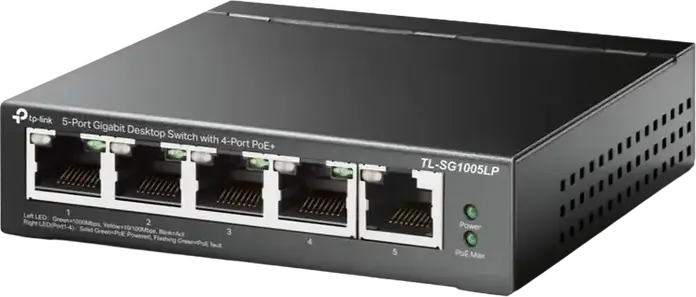 TP-Link TL-SG1005LP Unmanaged PoE+ Switch, 5 Port Gigabit 10/100/1000 Mbps, 4 PoE+ Ports 802.3af/at, 40W Budget, Extend Mode 250m, Metal Casing, Black