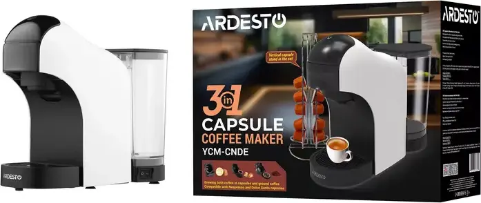 Ardesto YCM-CNDE 3-in-1 Capsule Coffee Maker, 1400W, 20 Bar Italian Pump, Compatible with Nespresso, Dolce Gusto and Ground Coffee, 0.9L Tank, White