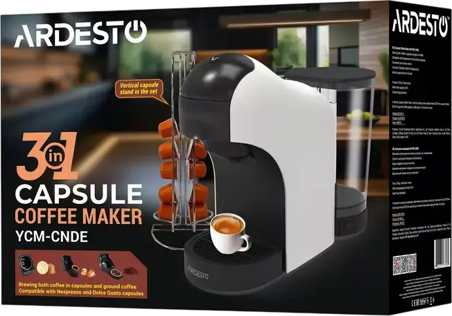 Ardesto YCM-CNDE 3-in-1 Capsule Coffee Maker, 1400W, 20 Bar Italian Pump, Compatible with Nespresso, Dolce Gusto and Ground Coffee, 0.9L Tank, White