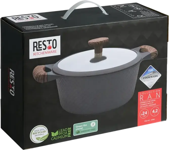 Oală RESTO 93903 RAN cu capac de sticlă, 4.2L, 24cm, Aluminiu cu strat neadereant PFLUON, Negru, compatibilă cu plite gaz, electrice și vitroceramice